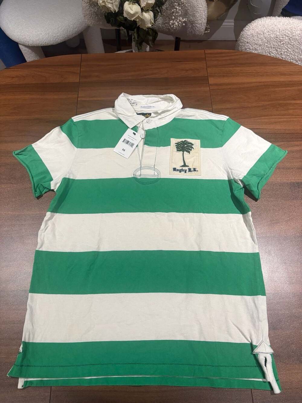 Ralph Lauren Rugby Athletic Outfitters Polo Shirt Size M Green White Striped